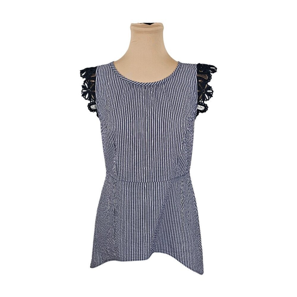 Cabi Navy Blue and White Striped Blouse With Frilly Lace Flutter Shoulders Sz XS